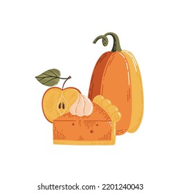 Autumn vector composition with pumpkin, apple slice and piece of pumpkin pie in simple flat style. Hand drawn clipart in warm autumn colors.