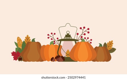 Autumn vector composition with pumpkins, berries, corn, leaves and a lantern. Fall cute illustration for banner, cards and posters. Hand drawn elements in simple geometric shapes. Thanksgiving holiday