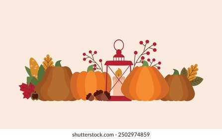 Autumn vector composition with pumpkins, berries, corn, leaves and a lantern. Fall cute illustration for banner, cards and posters. Hand drawn elements in simple geometric shapes. Thanksgiving holiday