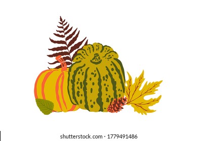 Autumn vector composition with pumpkins and leaves. Colourful stock illustrations of pumpkins and fall leaves. 
