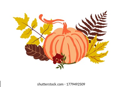 Autumn vector composition with pumpkins leaves and berries. Colourful stock illustrations of pumpkins and fall leaves. 