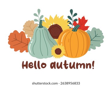 Autumn vector composition with pumpkins, leaves; sunflowers, herbs and text hello autumn on white background