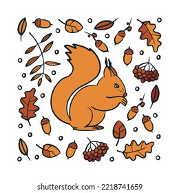 Autumn vector composition with squirrel and leaves.