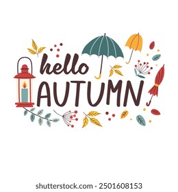 Autumn vector concept illustration. Hand drawn fall leaves and lettering hello autumn  isolated on white background. Cover, card or poster design.
