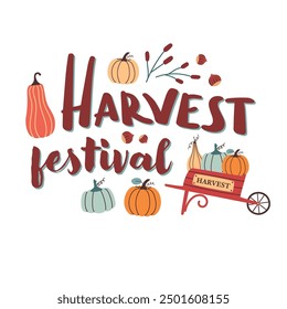 Autumn vector concept illustration. Hand drawn fall leaves and lettering harvest festival isolated on white background. Cover, card or poster design.