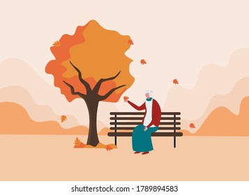 Autumn vector concept: old woman holding the falling leaf enjoying autumn breeze sitting on the park