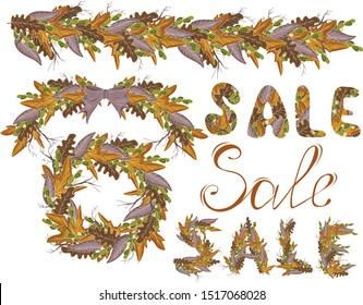 Autumn vector decor set. Garland, wreath lettering sale with autumn leaves and branches.