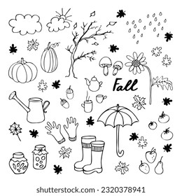 Autumn vector doodle on isolated white background illustration with pumpkins, chestnuts, falling leaves, homemade, tea, mushrooms, gloves, rain, umbrella, autumn fruits and vegetables, boots 