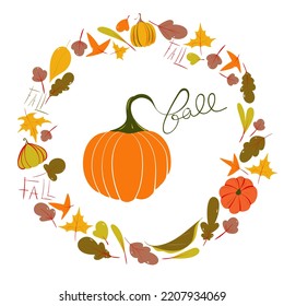 Autumn vector drawing of a pumpkin. Vector autumn wreath with falling leaves and pumpkins. Round frame made from hand drawn botanical elements. Isolated on white