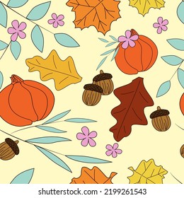 Dibujo vectorial otoñal de calabazas, hojas y bellotas sobre un fondo amarillo. Patrón sin foco.