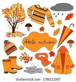 Autumn vector drawing set "Hello autumn", with warm clothes and shoes, maple, cloud, puddle, etc.The concept of changing the season.Isolated items on a white background.
