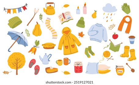 Autumn vector elements set. Cozy fall stickers. Vector illustration of autumn elements set. Cozy. Vector illustration.