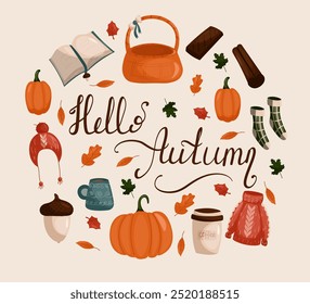 Autumn vector elements set. Leaves, pumpkins, fall clothes, umbrella, hedgehog, tea elements. The inscription hello autumn. Illustration in the hand drawn style.