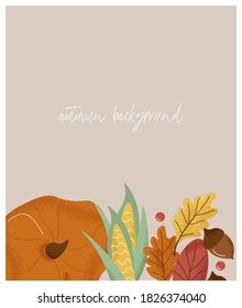 Autumn vector flat background with pumpkin, berries, corn, acorns and leaves. Autumn season. Elements for decorating the autumn holidays. Abstract background with place for text for banners, posters