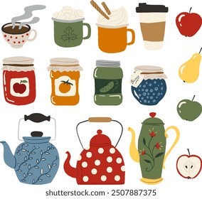 Autumn vector food and drinks set. Pots and cups, jam. Fall season mood.
