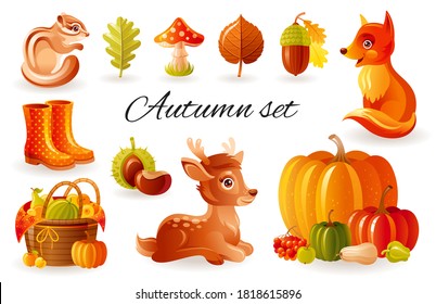 Herbstvektor-Waldtiere. Geraden fallen gesetzt. Cool-Holzgrafik mit Eichhörnchen, Fuchs, Cartoon-Fawn-Hintergrund, Saison, Akorade, Pilz, Sammlung, Blatt, Ikone, Elemente, Harv