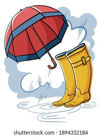 Autumn vector graphic set with red umbrella, yellow rubber boots and clouds. Rainy day hand drawn line art print.