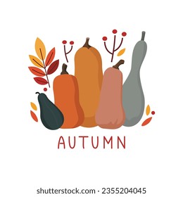 Autumn vector greeting card poster with pumpkins and leaves and handwritten lettering. Vector illustration in flat cartoon style