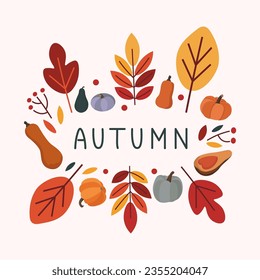 Herbstvektor-Grußkartenposter mit Kürbissen und Blättern und handgeschriebener Schrift. Vektorgrafik im Flachbildkarikaturstil