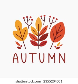 Cartel de la tarjeta de saludo vectorial de otoño con calabazas y hojas y letras escritas a mano. Ilustración vectorial en estilo de dibujos animados planos