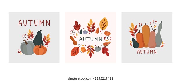 Autumn vector greeting card poster template. Set of three colored trendy vector illustrations. Minimalist postcard nature leaves, trees, pumpkins, abstract shapes.