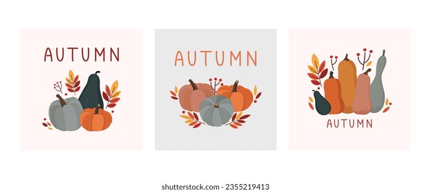 Autumn vector greeting card poster template. Set of three colored trendy vector illustrations. Minimalist postcard nature leaves, trees, pumpkins, abstract shapes.