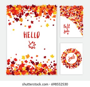 Autumn vector greeting card set of flying maple leaves in traditional Fall colors - orange, yellow, red, brown. All isolated and layered