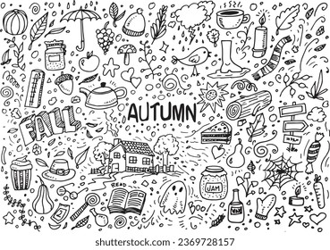 Autumn vector hand drawn doodles, cartoon style elements on white background