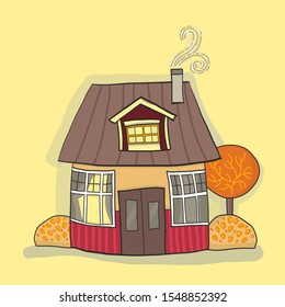 Autumn vector hand drawn house in county. Autumn leaves, cozy atmosphere