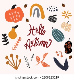 Un automne image vectorielle formes dessinées à la main avec texte bonjour automne citrouille cornes poires et feuilles. Salon d'arrière-plan fond d'écran