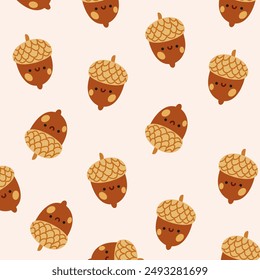 Autumn vector hand-drawn icons. Autumn cozy pattern with brown cute acorns. Oak tree fruit. Symbol of autumn. Acorns background