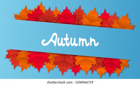 Autumn vector horizontal blue background with colorful maple leaves.