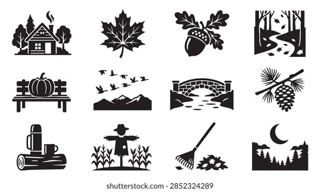 Autumn vector icon set featuring fall foliage rustic cabin cozy beverages and harvest symbols for seasonal design projects