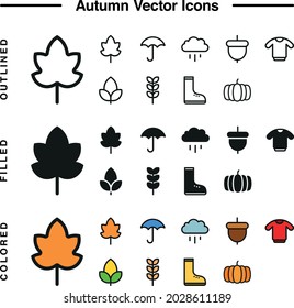 Autumn vector icon set. Outlined, filled, and colored set of autumn icons. Fall season elements such as leaves, umbrella, rain, oak, acorn, sweater, corn, wheat, boot, pumpkin.