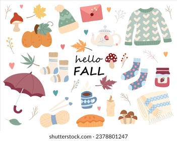 Autumn vector icons set. Hello fall design elements. Sweater, pumpkin, socks, mushroom, leaves, coffee, knitting, candle, book, umbrella, pie, cup. 