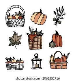 Autumn vector illustration with baskets full of apples, carrots, pumpkins and different branches. Warm and cozy drowning. Good for postcards and any prints for organic shops