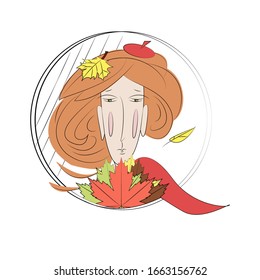 Ilustración vectorial de otoño. Hermosa chica melancólica con una boina y una bufanda con muchas hojas