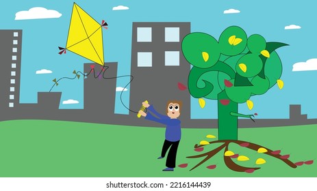 Autumn vector illustration. A boy sitting in a meadow near a paper kite tree. A tree with falling leaves, a boy, a paper kite. Autumn outdoor fun. City silhouette in the background.