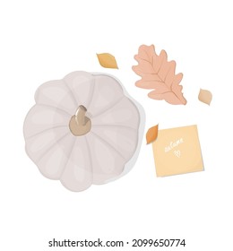 Autumn vector illustration of card with pumpkin and leaf in cartoon style for sticker, print, invitation
