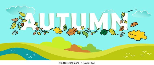 Autumn vector illustration cartoon style, web site template. Facebook cover with text, leaf fall on the background of the landscape, field, sky, trees