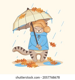 Autumn vector illustration of a cat with an umbrella in the rain.