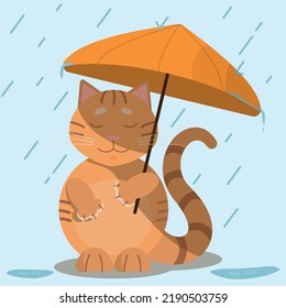 Autumn vector illustration of a cat with an umbrella in the rain.