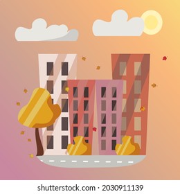 Autumn vector illustration of a city landscape in autumn, falling maple leaves, yellow trees and shrubs