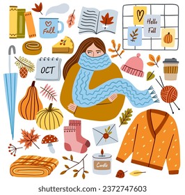 Autumn vector illustration clipart set. Fall hand drawn doodle collection