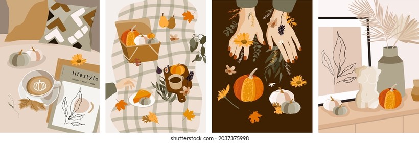 Autumn. Vector illustration of a cozy lifestyle card. Fall home interior, leaves, pumpkin, botanical. Drawings for poster, wall art or background. Vector illustration.