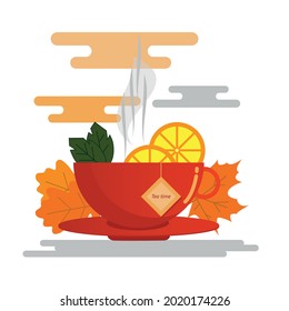 Autumn vector illustration cup of tea. Cute illustration tea mug with lemon and autumn leaves. Cup with lemon slices and mint.