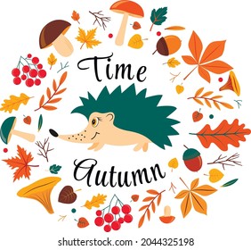 Autumn vector illustration with cute hedgehog, falling colorful leaves, mushrooms, acorns and berries.  Suitable for posters, baby room, baby prints, fashion t-shirt, greeting card, 