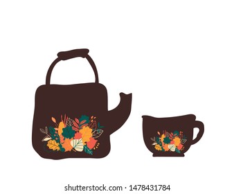 
Autumn.
Autumn vector illustration. Cute teapot and cup with bright autumn leaves. Vector illustration. Flat design. Hand-drawn.