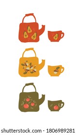 Autumn. Autumn vector illustration. Cute teapot and cup with bright autumn patterns. For tableware manufacturer design, tableware shop, coffee shops. Vector illustration. Flat design. Hand-drawn. 