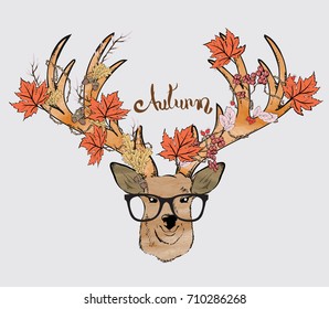 Autumn. Vector illustration of a deer head, with large horns with leaves and berries